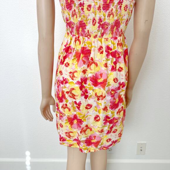 [Old Navy] Pink Floral Print Linen Blend Square Neck Mini Dress Smocked Sz Large - Picture 5 of 12